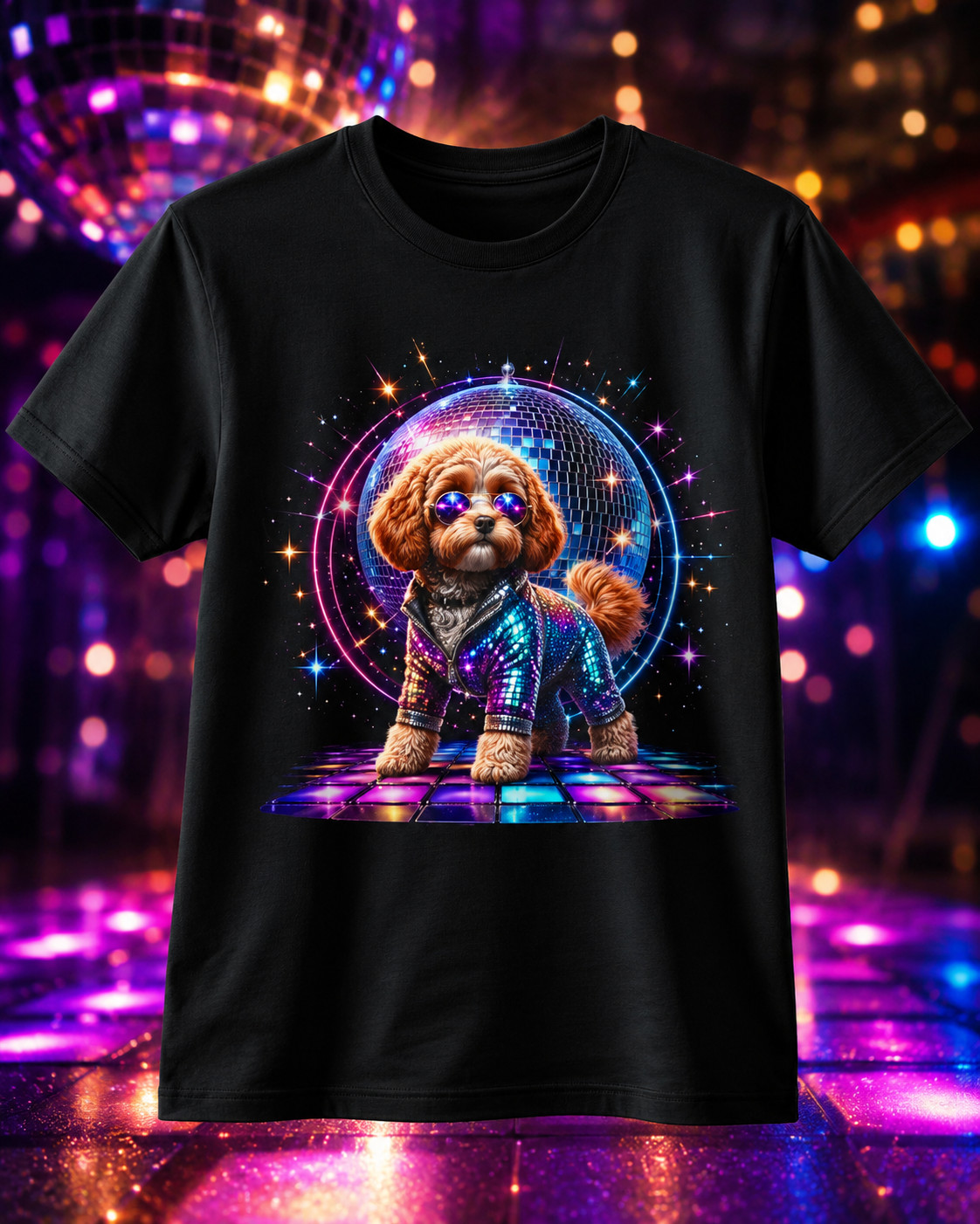 Women&rsquo;s Dancing Cavapoo Disco Ball V-Neck T-Shirt Funny 1970s