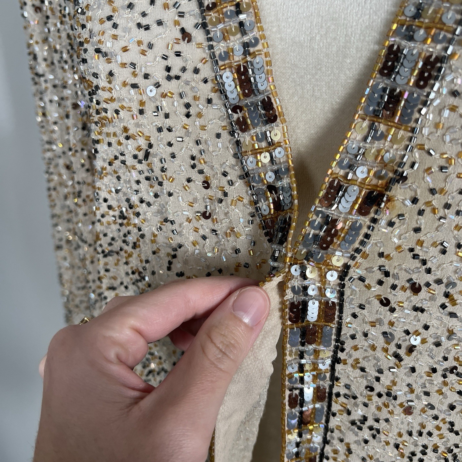 Vintage 80s FRANK USHER Jacket Eveningwear Silk Sequin Beaded Beige Sparkl Large
