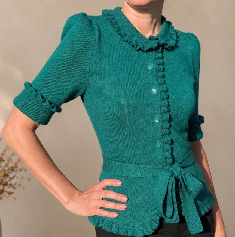 Wool Cashmere Knit Cardigan, Wool Sweater, Handmade Vintage Green Belted Blouse