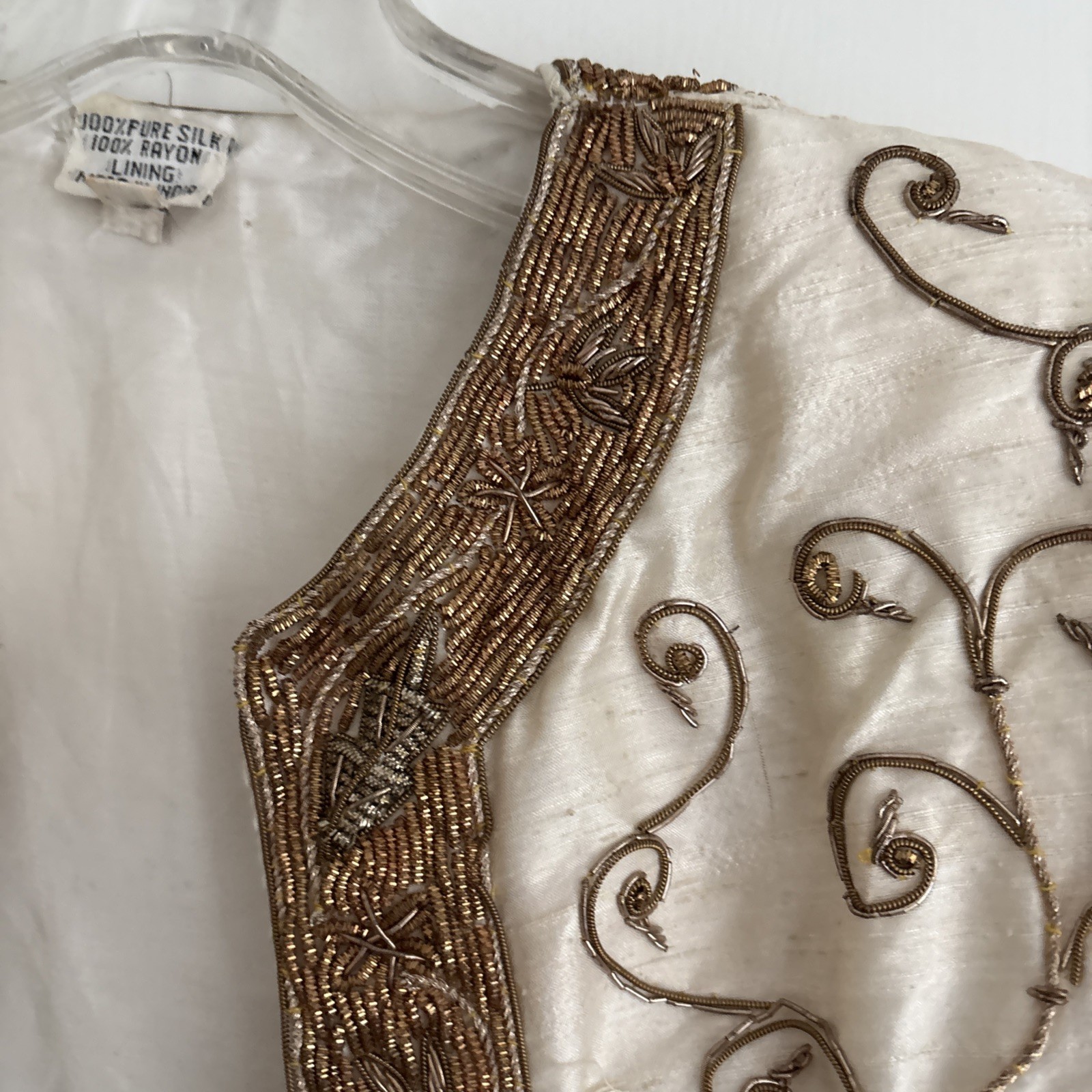 India Formal Beaded Evening Jacket Womens Small Silk Vintage Cream Gold 80s