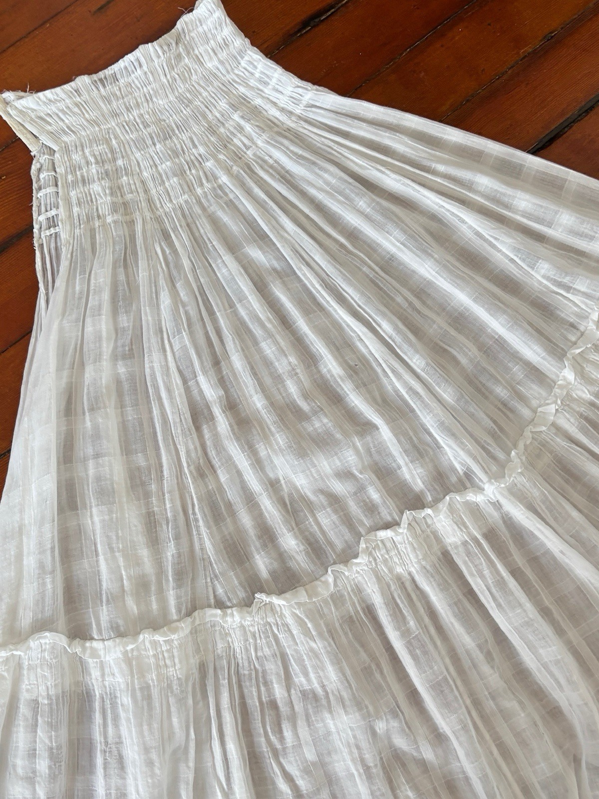 Antique Edwardian Sheer Windowpane Cotton Voile Skirt w Boned/Corseted Waist