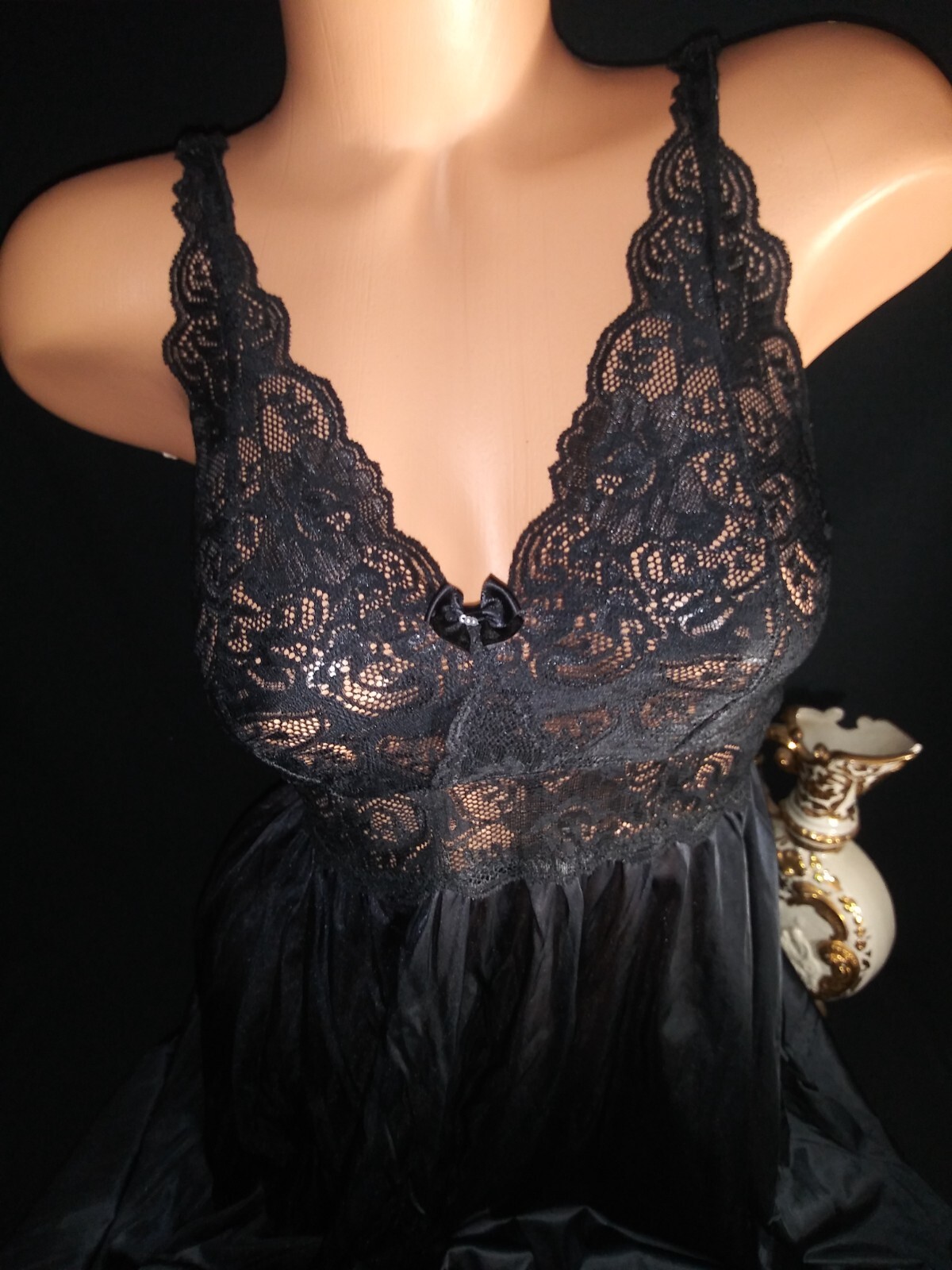 Vtg Shadow line Silky Black BUTTER SOFT Peignoir Nightgown Negligee Gown
