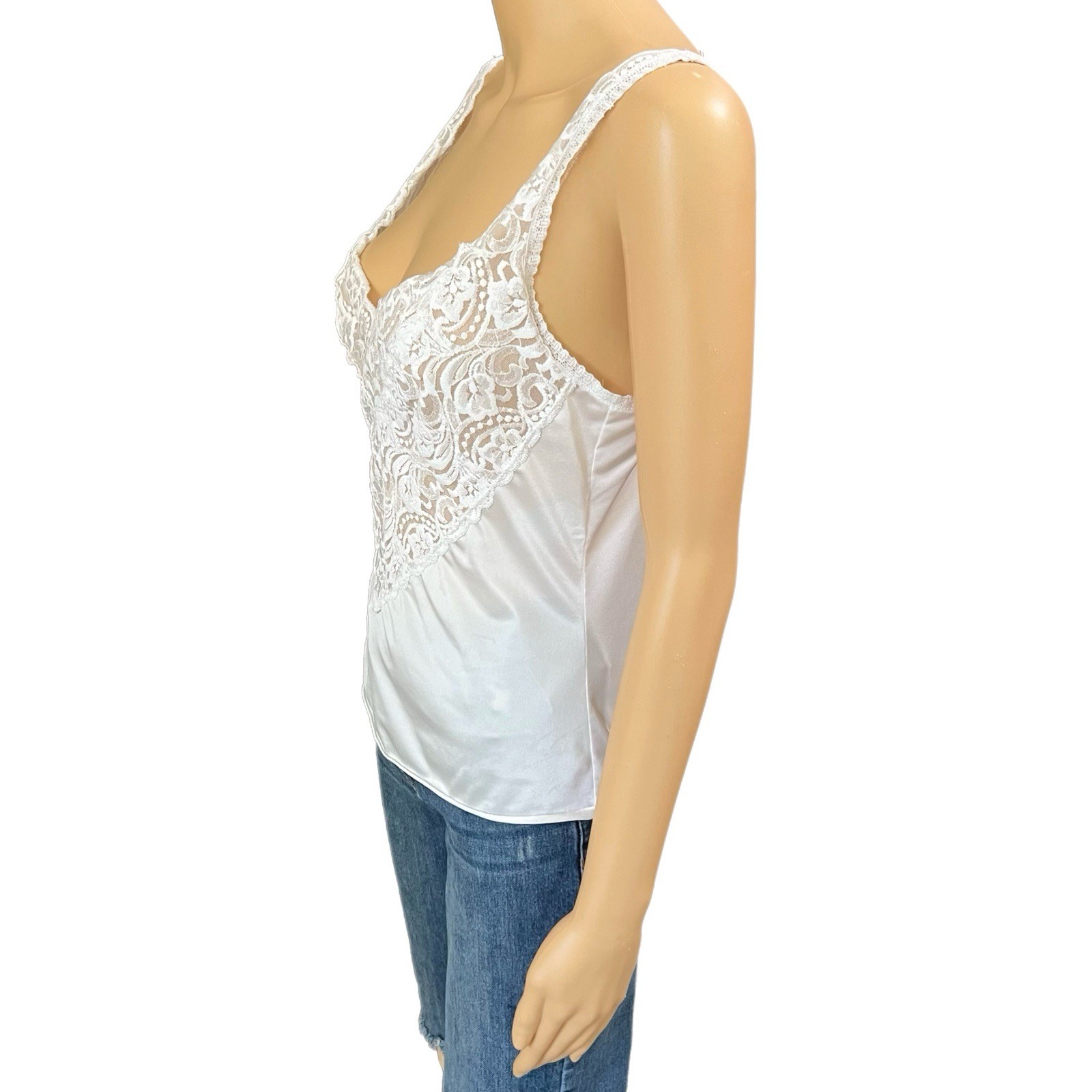 Vintage Vanity Fair Lingerie Top 80s White Lace Camisole Sheer Tank – Size 34