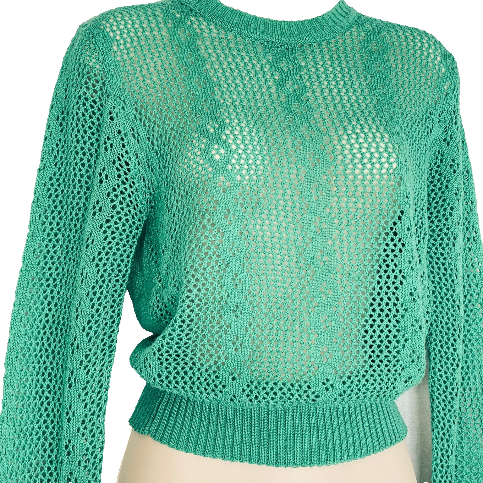 Vintage 1970s green sweater pullover long balloon sleeve crop sheer top shirt M