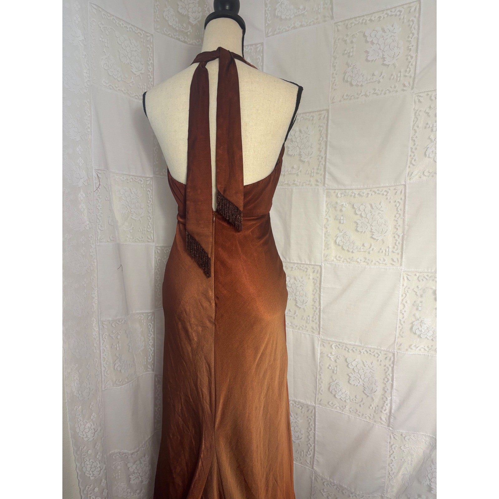 VTG Brown Copper Ombre Plunge Neck Halter Beaded Floor Length Gown Size XS