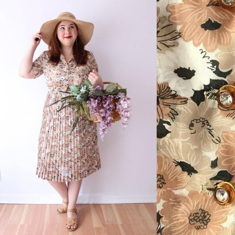 Vintage Floral Pleated Midi Dress Tan Brown Rhinestone Button Side Zip 1950s