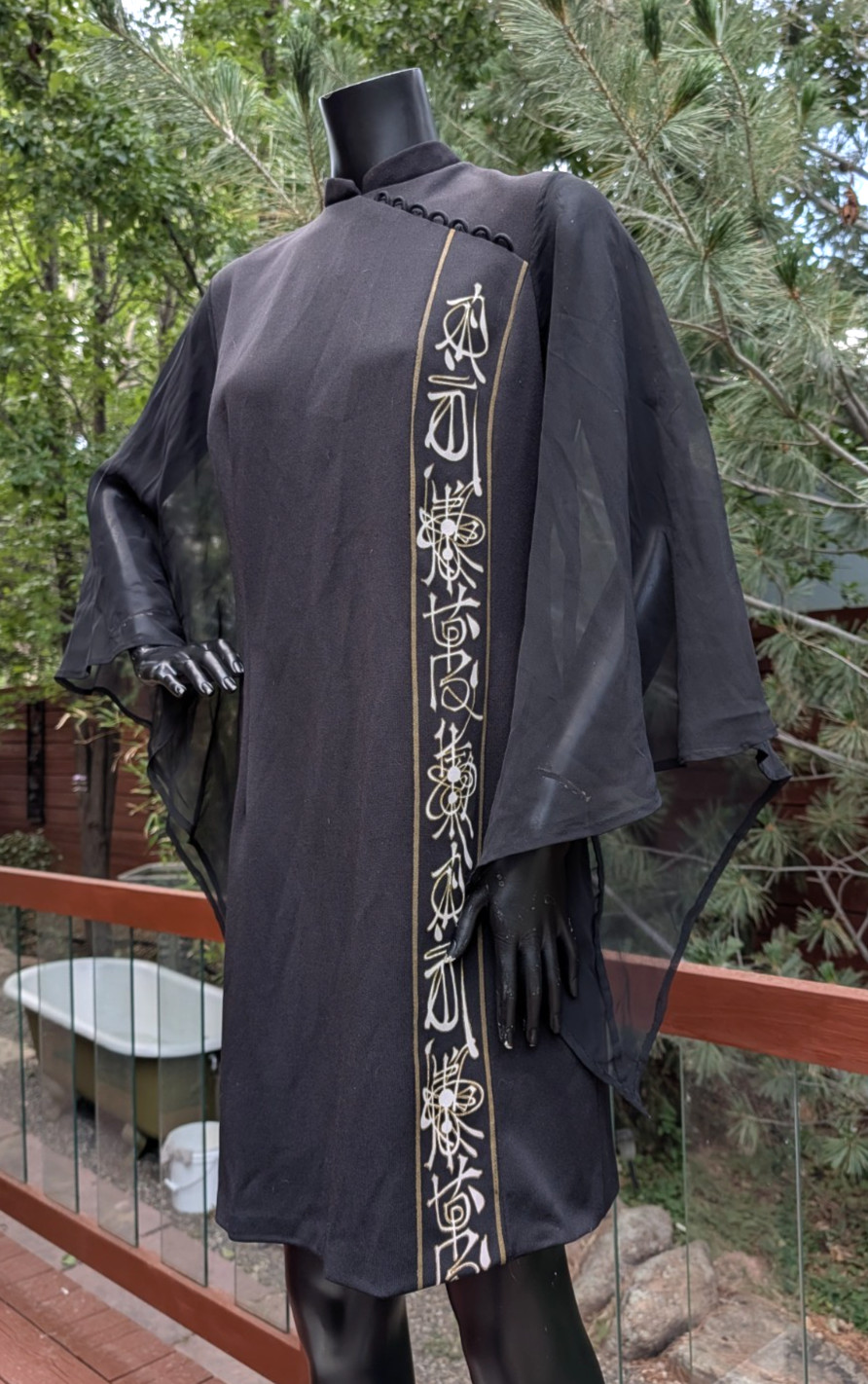 vintage Alfred Shaheen chiffon bat wing angel sleeve short Asian style dress L