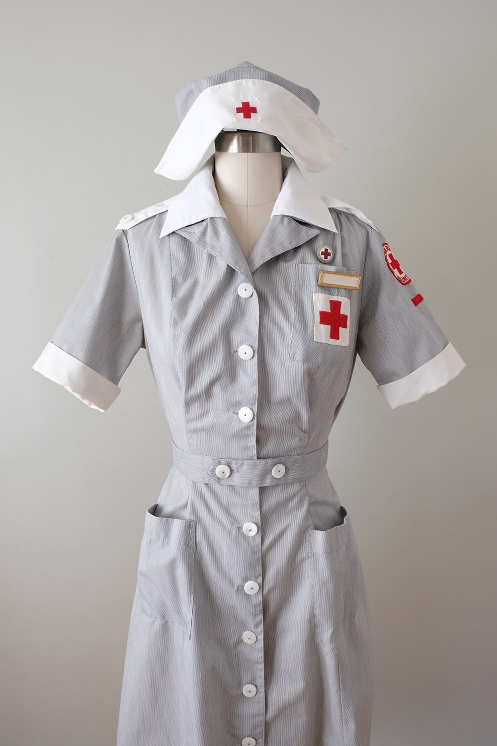 Vintage Post-WWII Red Cross Uniform Dress + Hat, Pins, Collars, and Name Plate