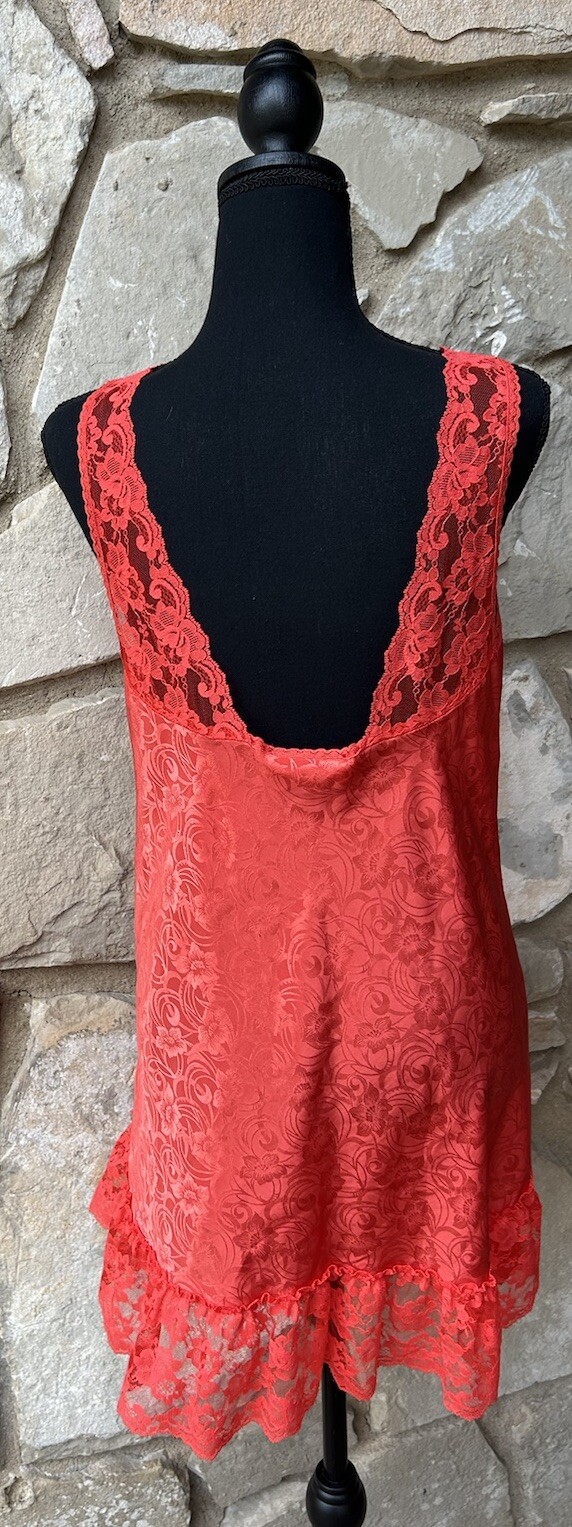 Vintage Val Mode Nightgown Medium Red Liquid Satin Lace Excellent Condition
