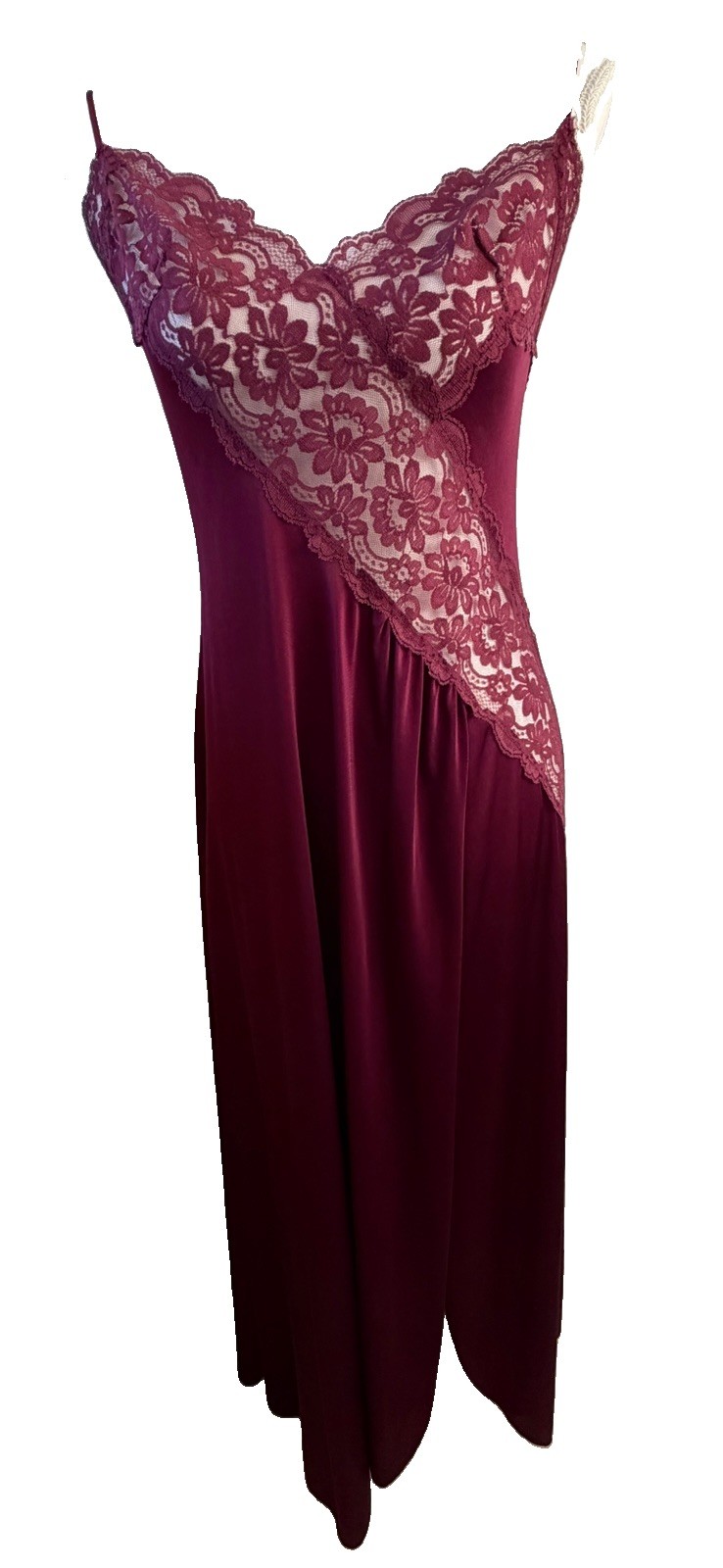 Vintage Lady Cameo Dallas Burgundy Lace Nightgown Made USA Nylon Size L