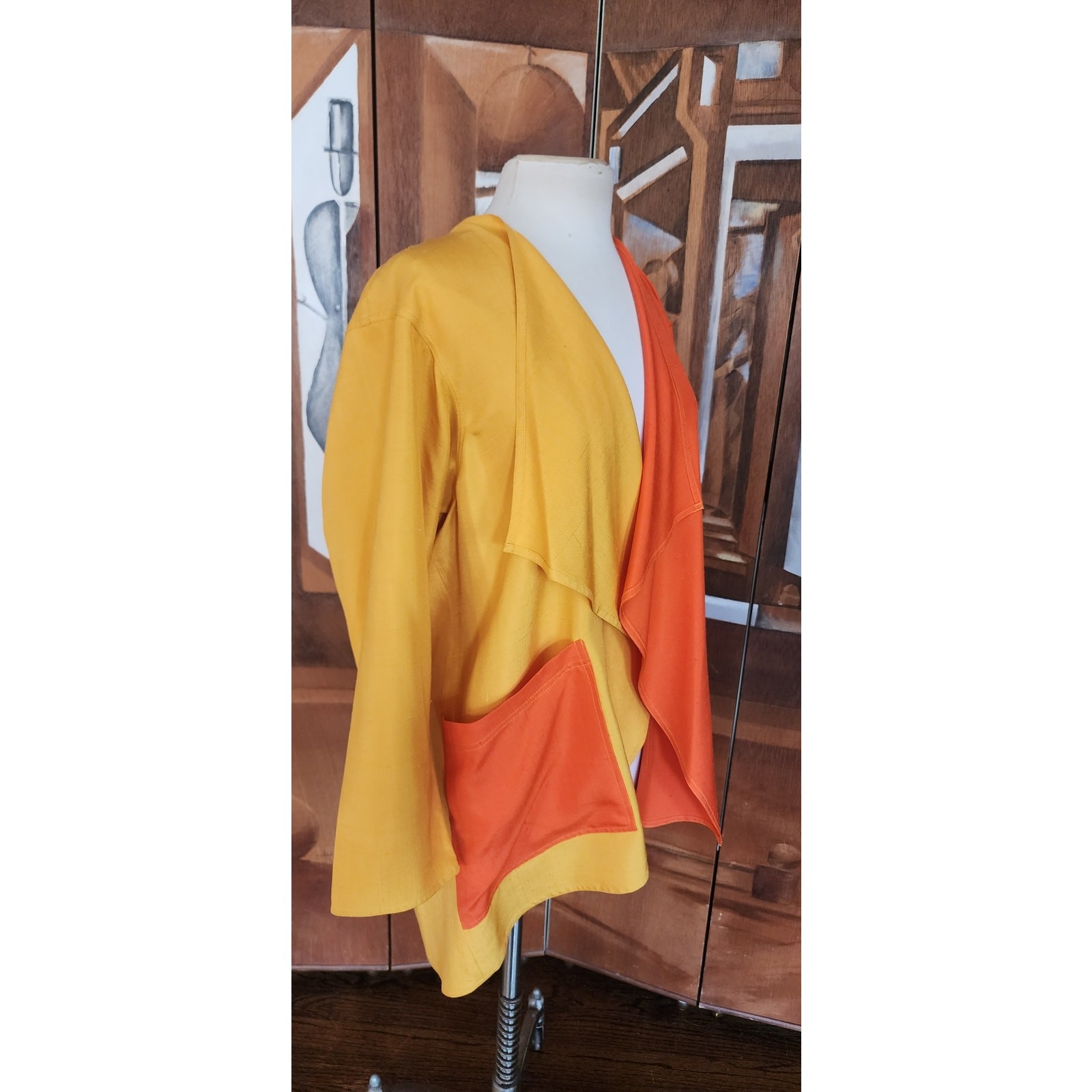 VTG 90s Duster Jacket Silk Yellow Orange Colorblock Blazer Victoria March