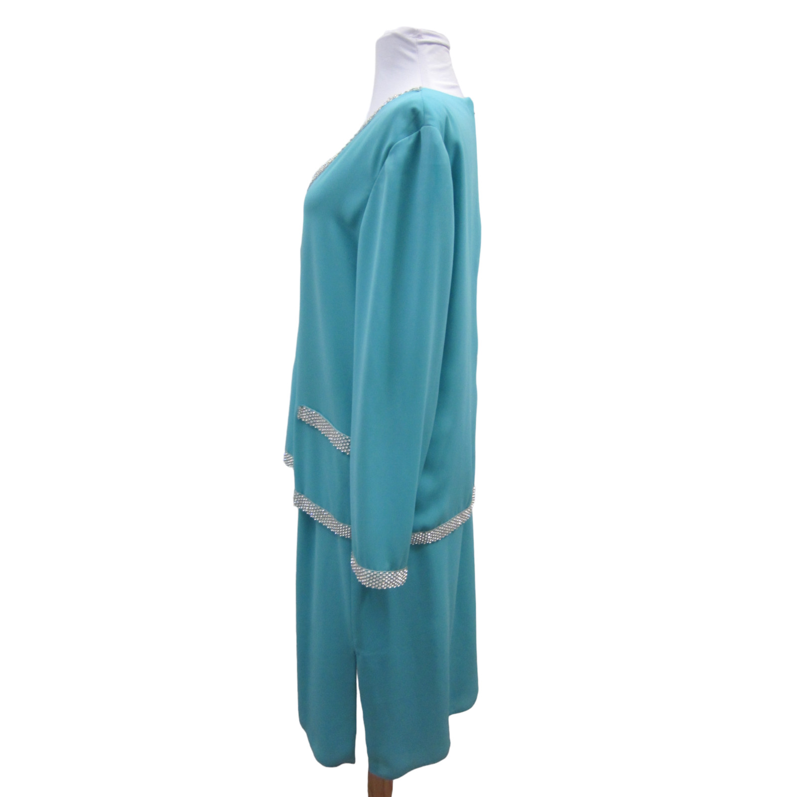 VTG Aqua Blue 2 Pc Bling Rhinestone Trim Evening Top & Skirt Outfit Sz L