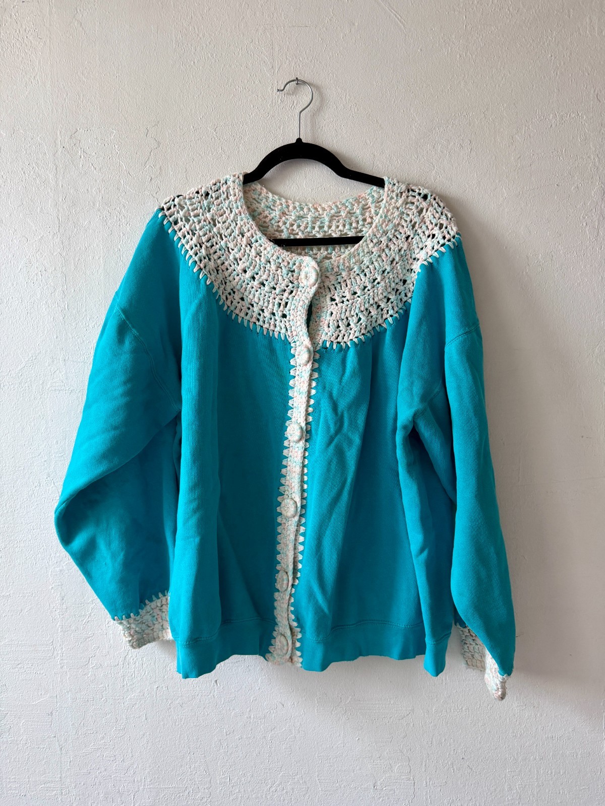 Vintage 90s Womens Turquoise Cardigan Crochet Yoke Pom Buttons Cottagecore Boho