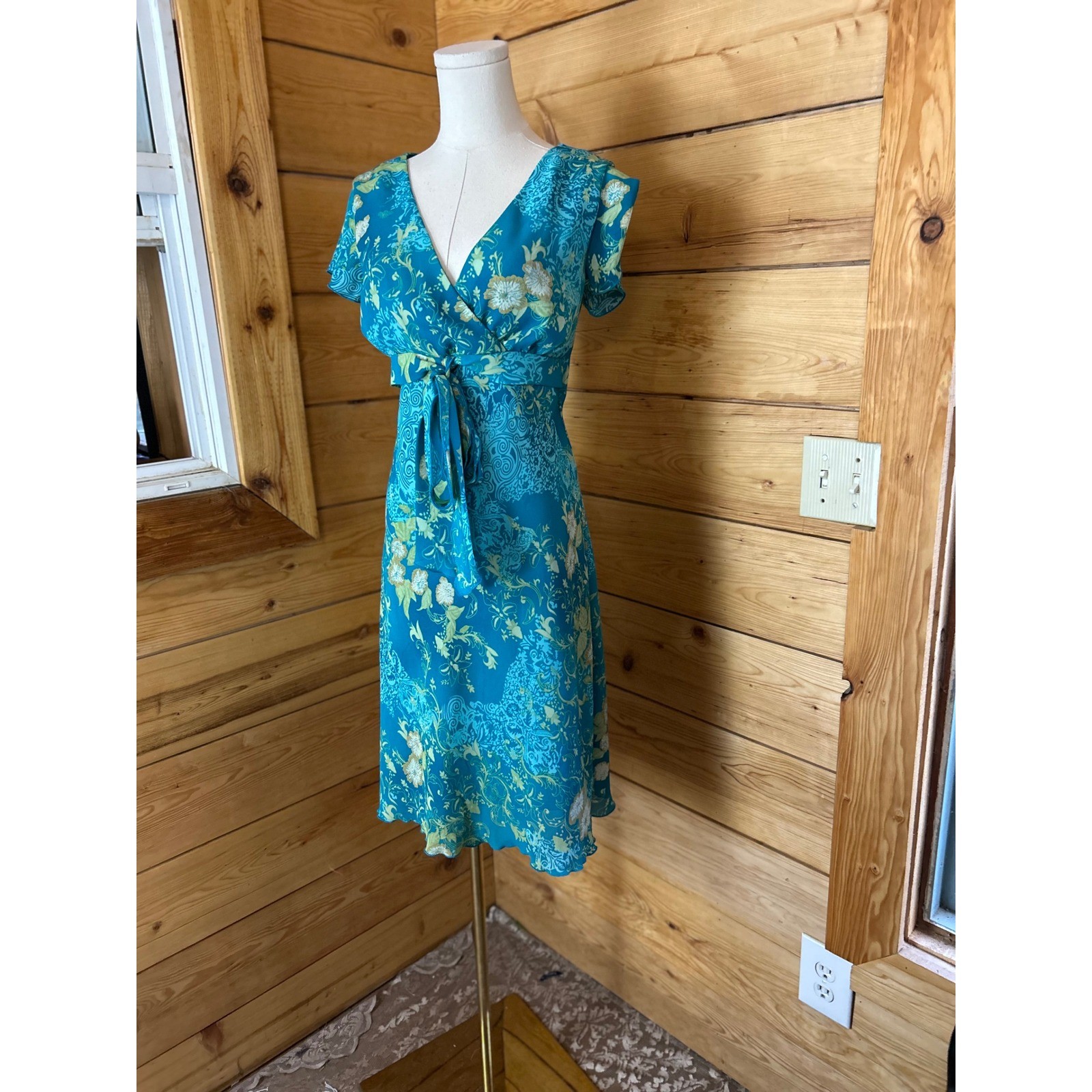 Vintage Faux Wrap Midi Dress Women Large Teal Blue Green Floral Jessica