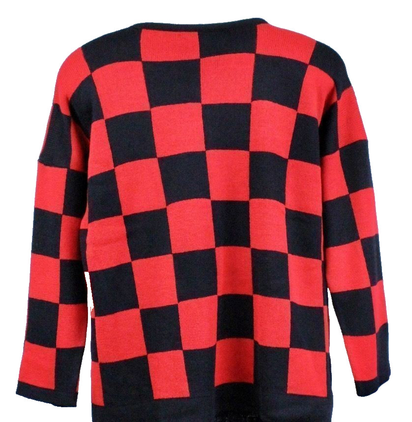 VTG 80s Ami Knits Black Red Checkerboard Crown Sweater NWOT M L Bold Shoulders