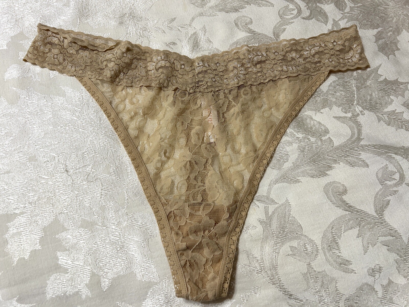 Vtg CACIQUE Floral Lace Mesh 2&Prime; Waistband 18/20 Beige Thong Panties #81
