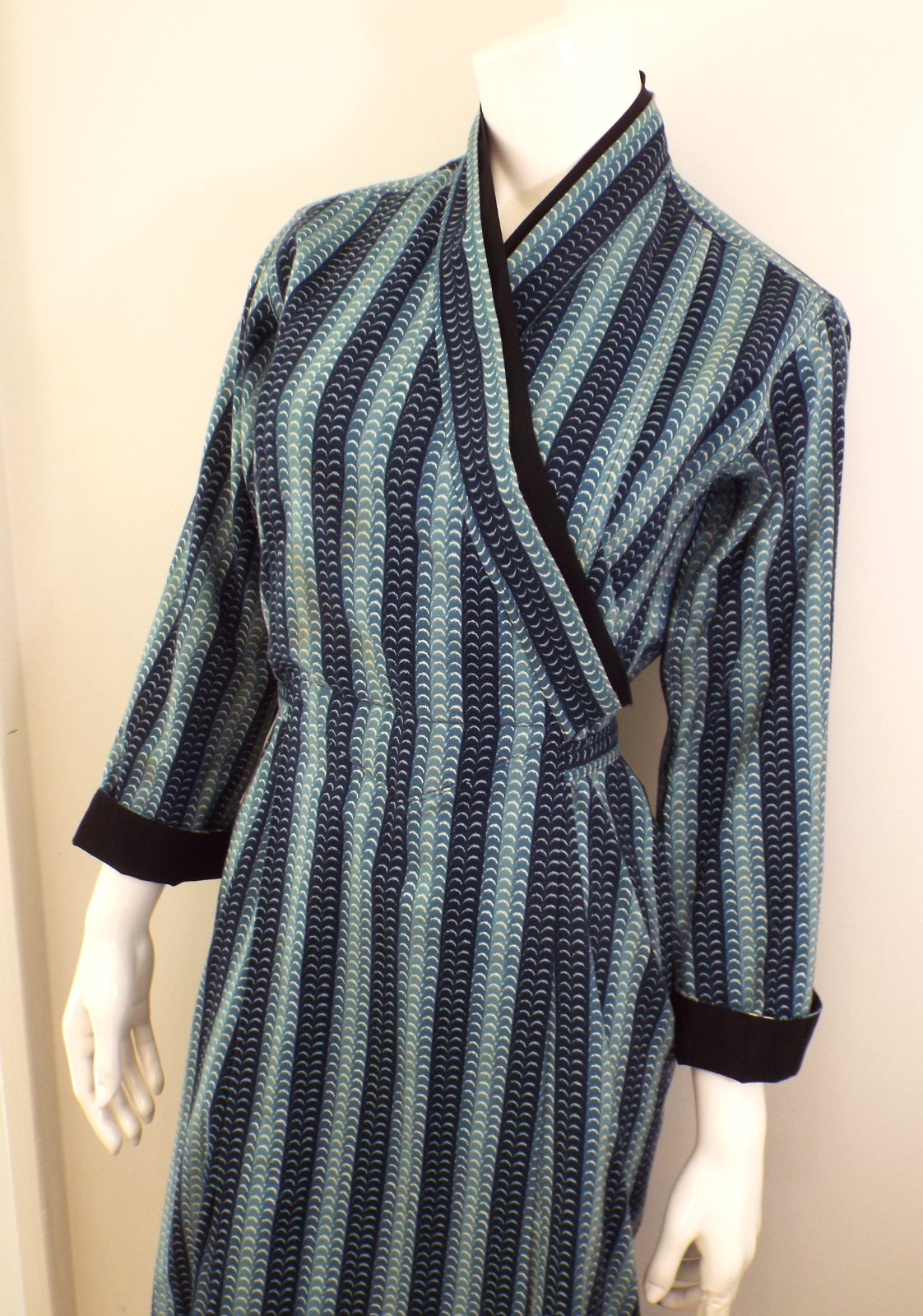 Vintage 1970s KENZO Jap Kimono Long Robe Dress 38 Blue Cotton Wrap Front Belt