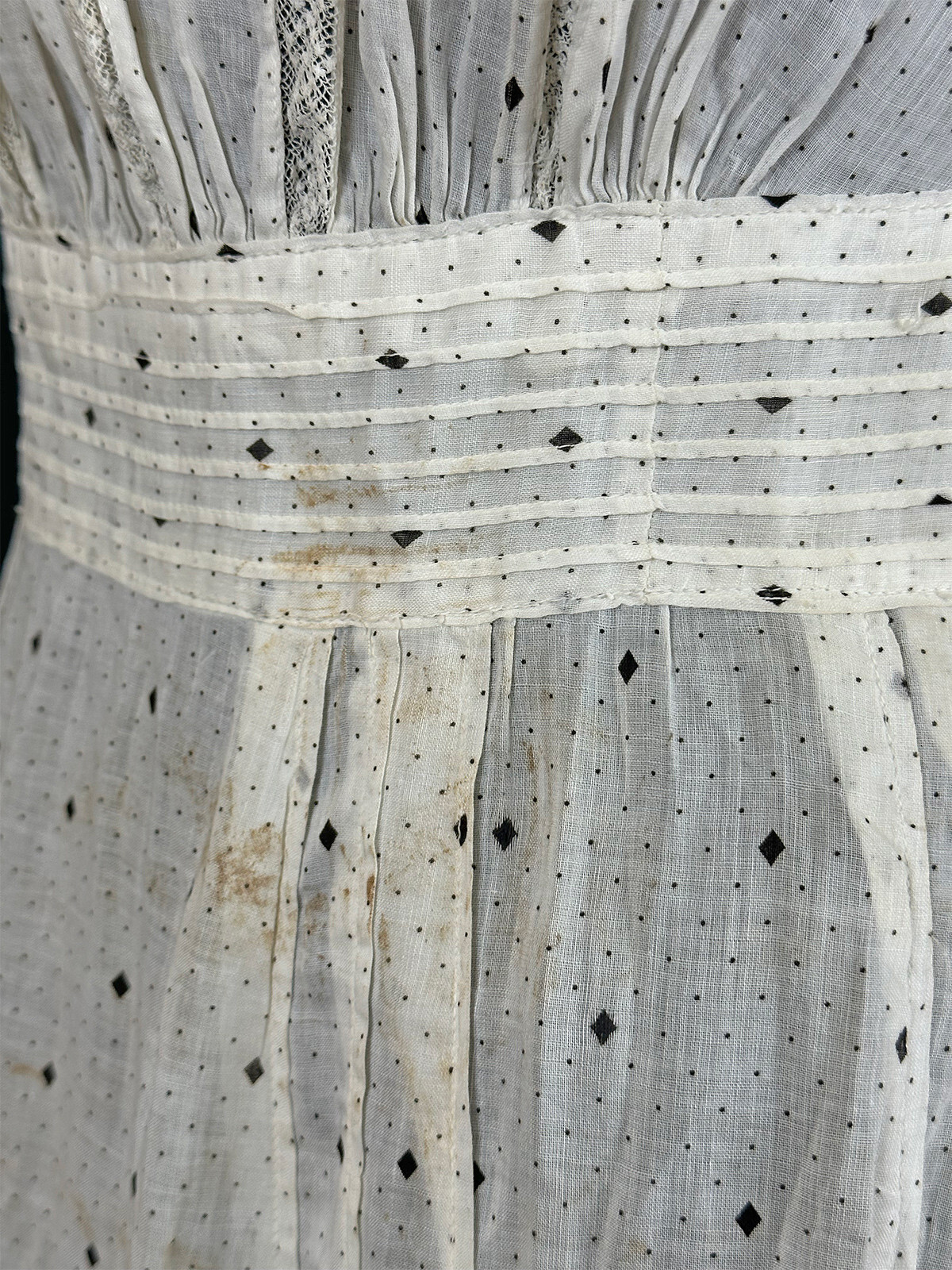 Victorian White Cotton Black Diamond Polka Dot Print Calico Lace Collar Dress