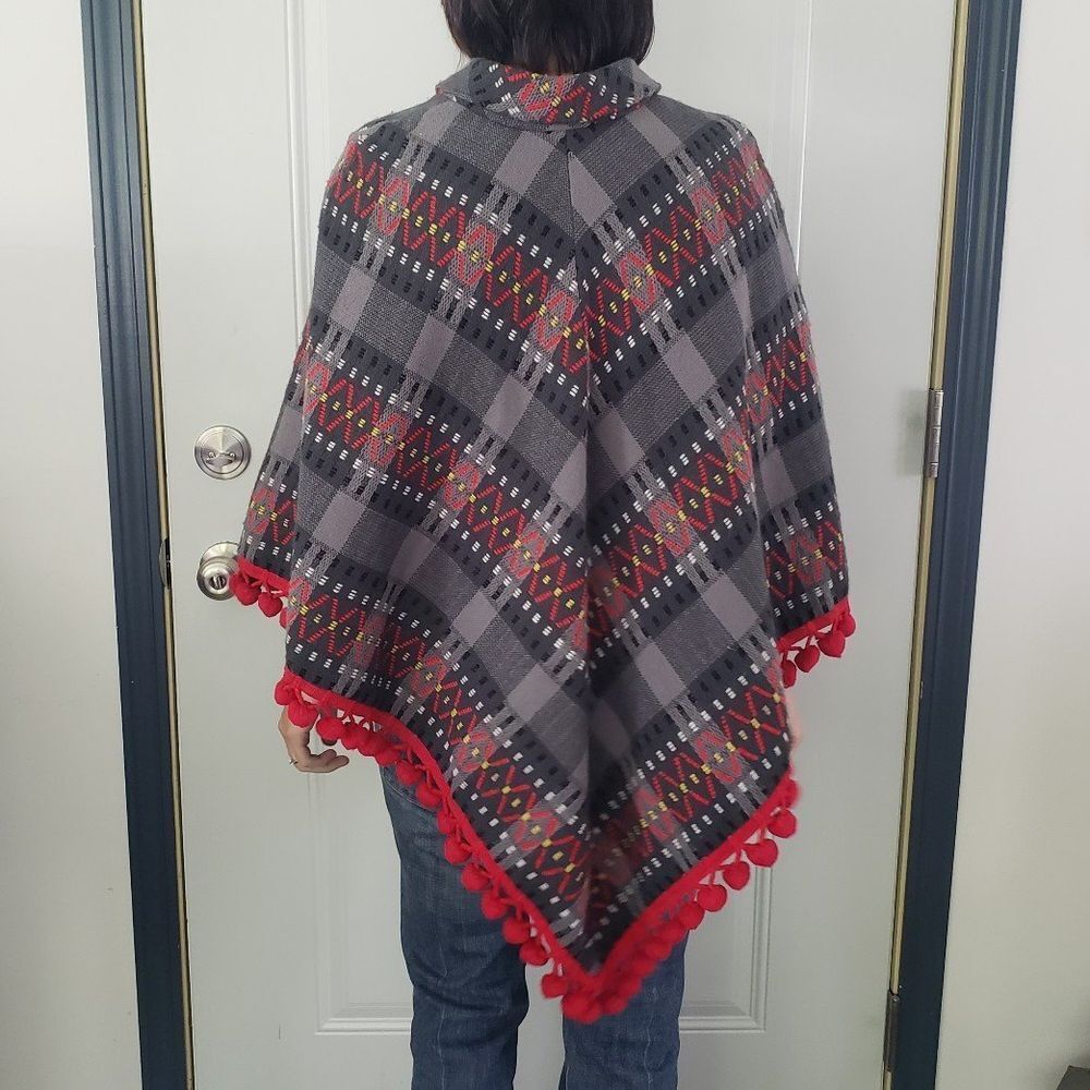 70s Gray and Red Poncho with Matching Scarf