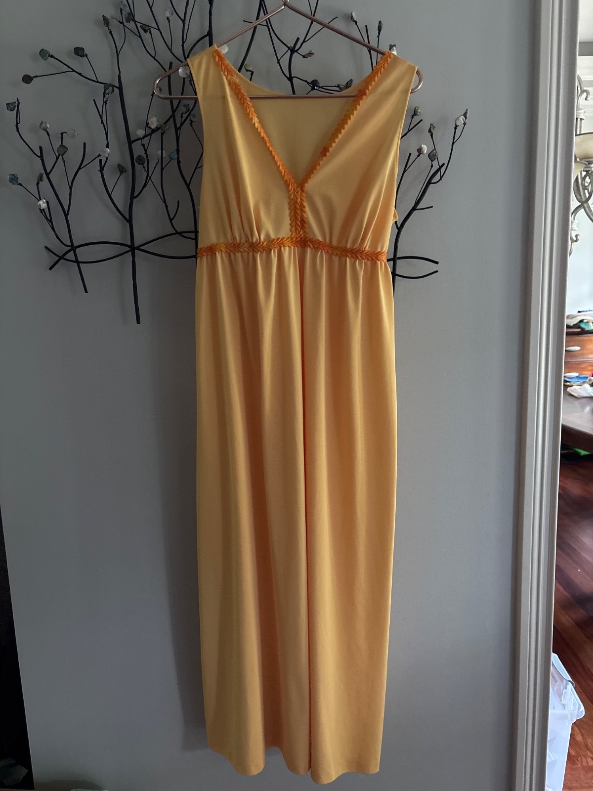Vintage LORRAINE LONG NIGHTGOWN sz 36 YELLOW w/ trim Plunge