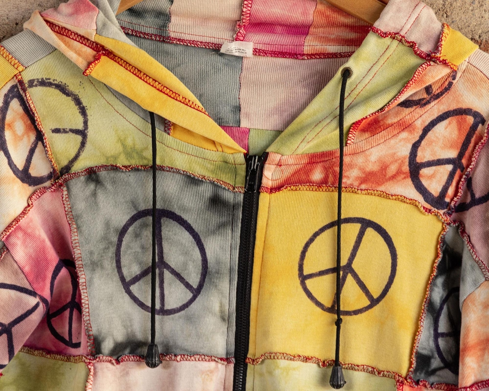 Vintage 90s Y2K Whimsigoth Peace Patchwork Nepal Hippie Hoodie Sweatshirt