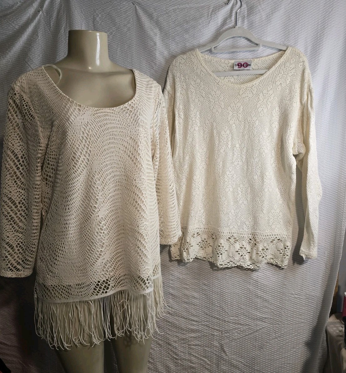 Lot of 2~ Ivory Crochet Tunic Top Fringe Cotton 90 Design/Melissa Paige Womens L