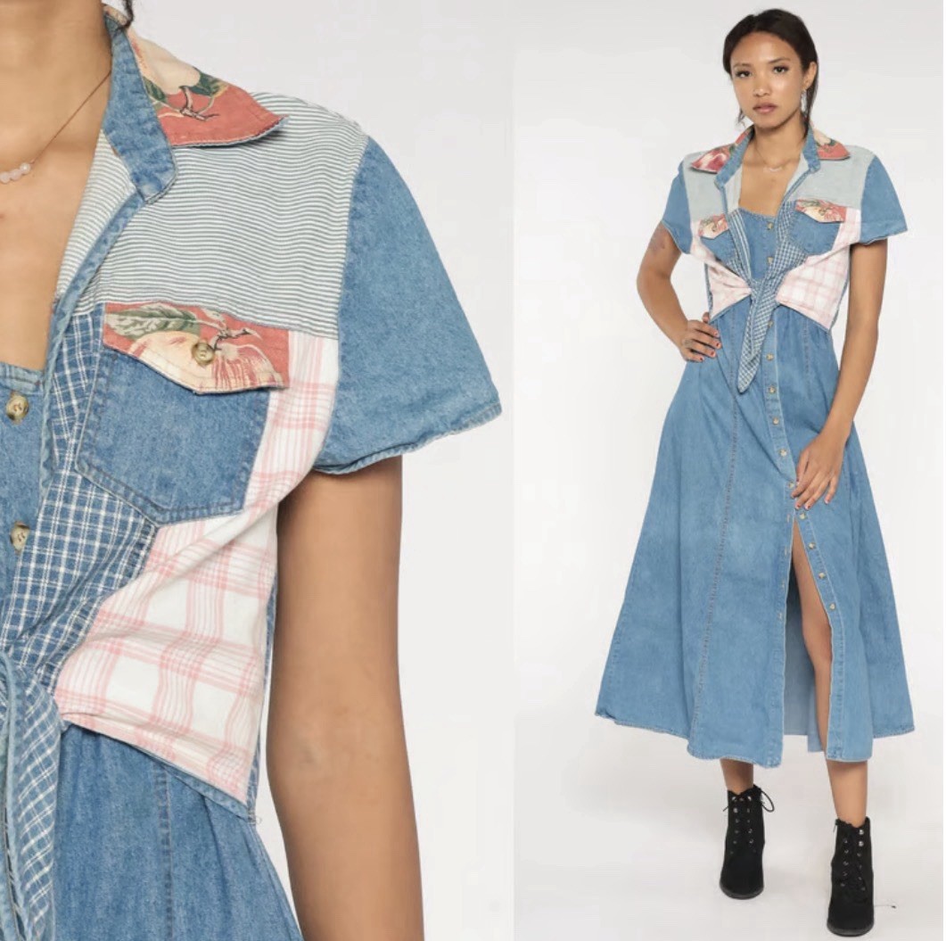 PG Collections Ginger Bort 1990s Patchwork Denim Grunge Dress Size M