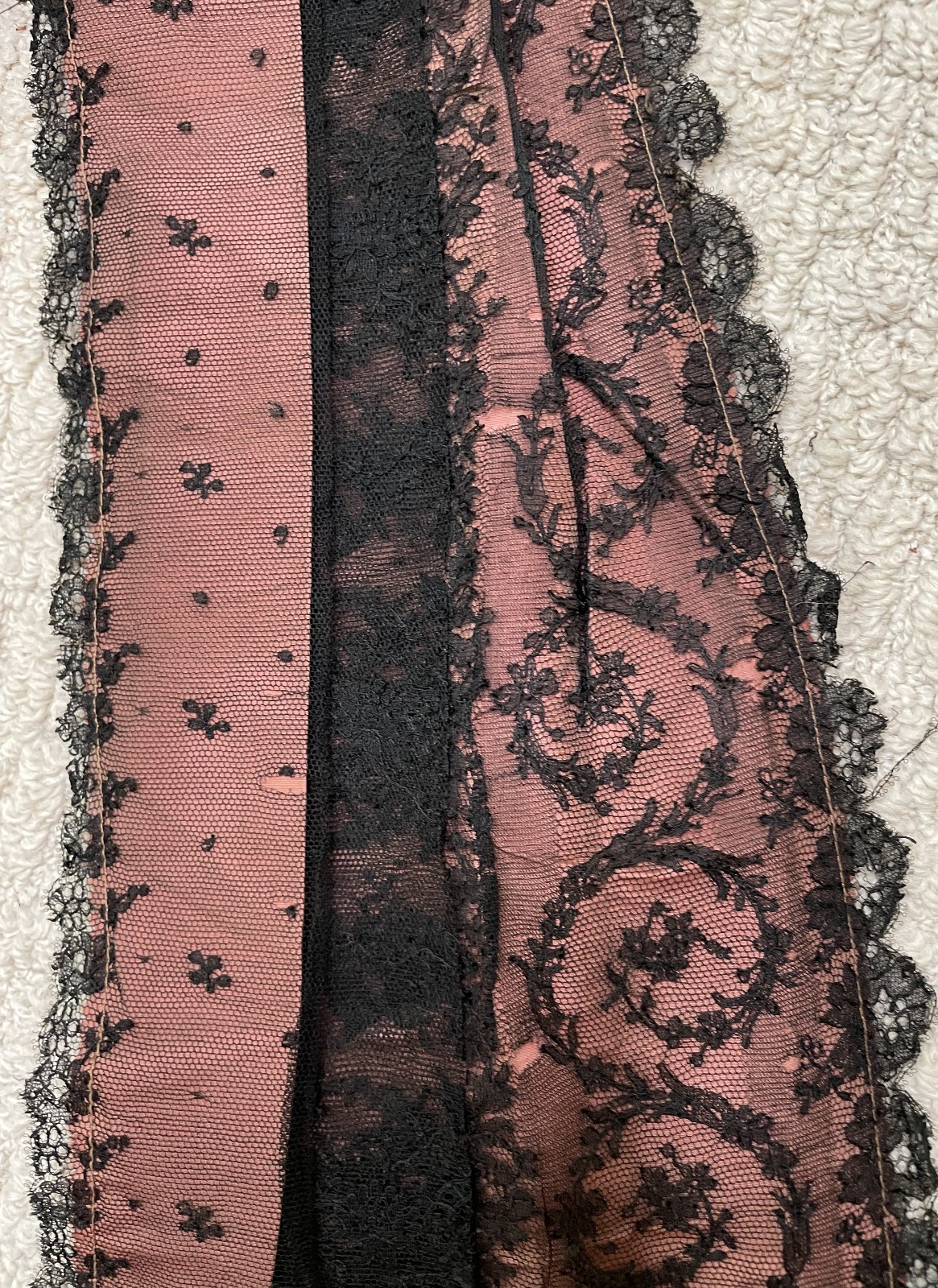 Antique 1800s 1900s Victorian Cape Pink & Black Chantilly Lace Beaded Ruffles OS