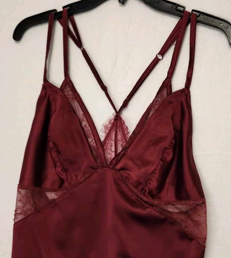 Spaghetti Strap Slip Dress Satin Lingerie Burgundy Maroon Med Coquette Sexy