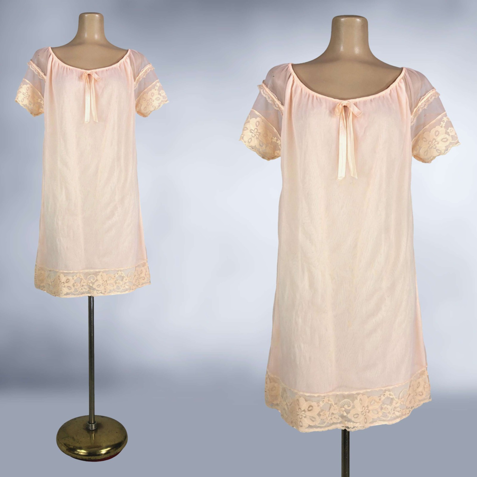 VINTAGE 60s Peach Double Nylon Chiffon Babydoll Nightgown VFG