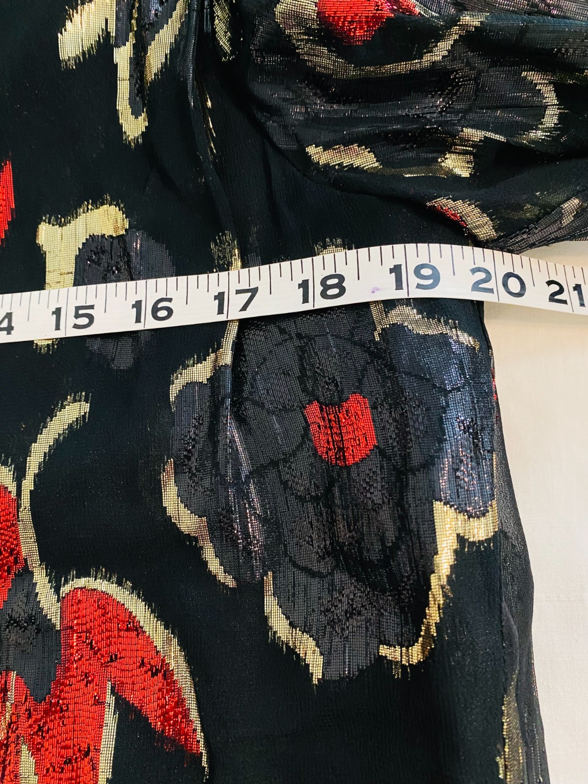 Vintage LLOYD WILLIAMS Sheer Blouse Black with Black, Gold & Red Floral shiny