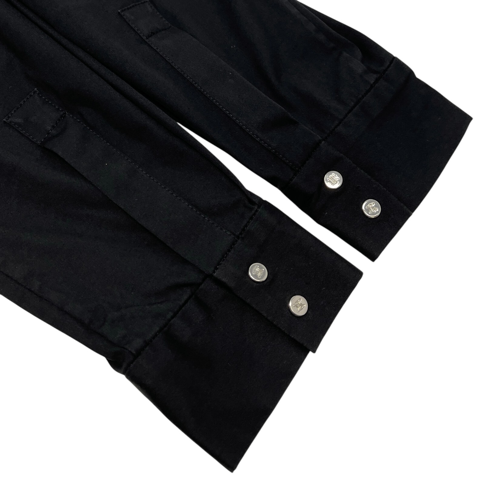 CELINE Vintage Logo Button Up Shirt #40 Blouse Top Black Silver Cotton