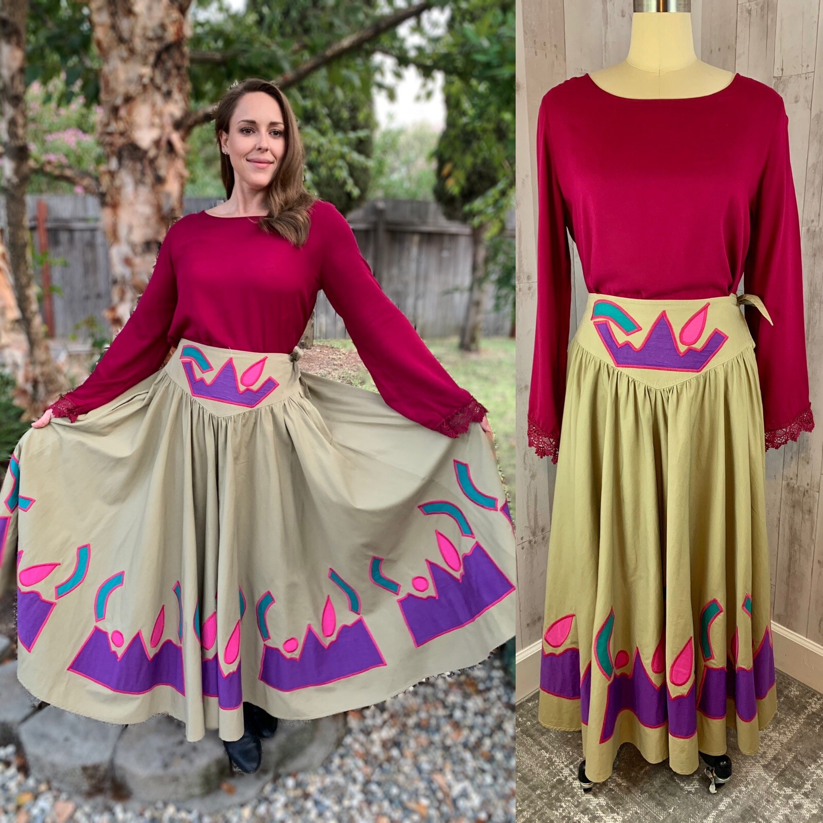 Vintage 1970s Handmade Mexican 2PC Top/Skirt Fiesta Boho Peasant Appliqué M/L