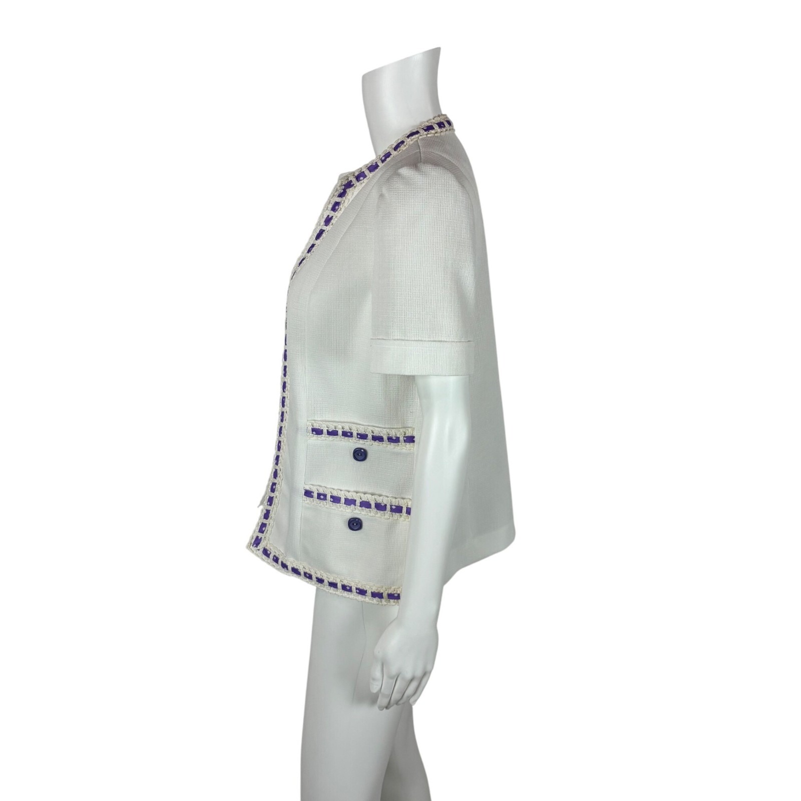 Vintage 70s Open Top Women&rsquo;s Large Lavender White Diamond Print Cardigan