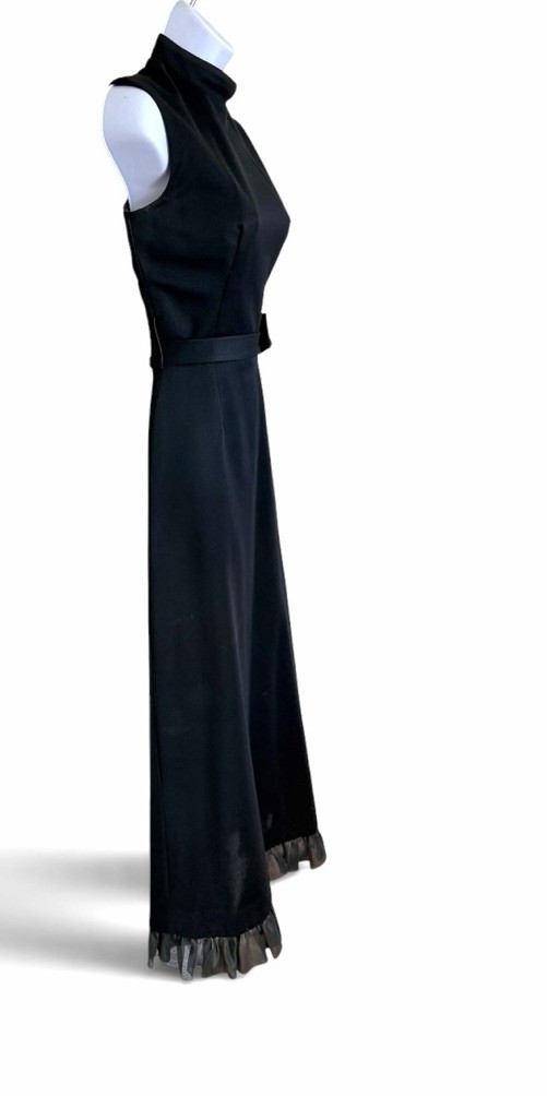 Vtg 70s Nadine Ruffle Rhinestone Bow Maxi Dress XS Black Sleeveless Belt Dressy