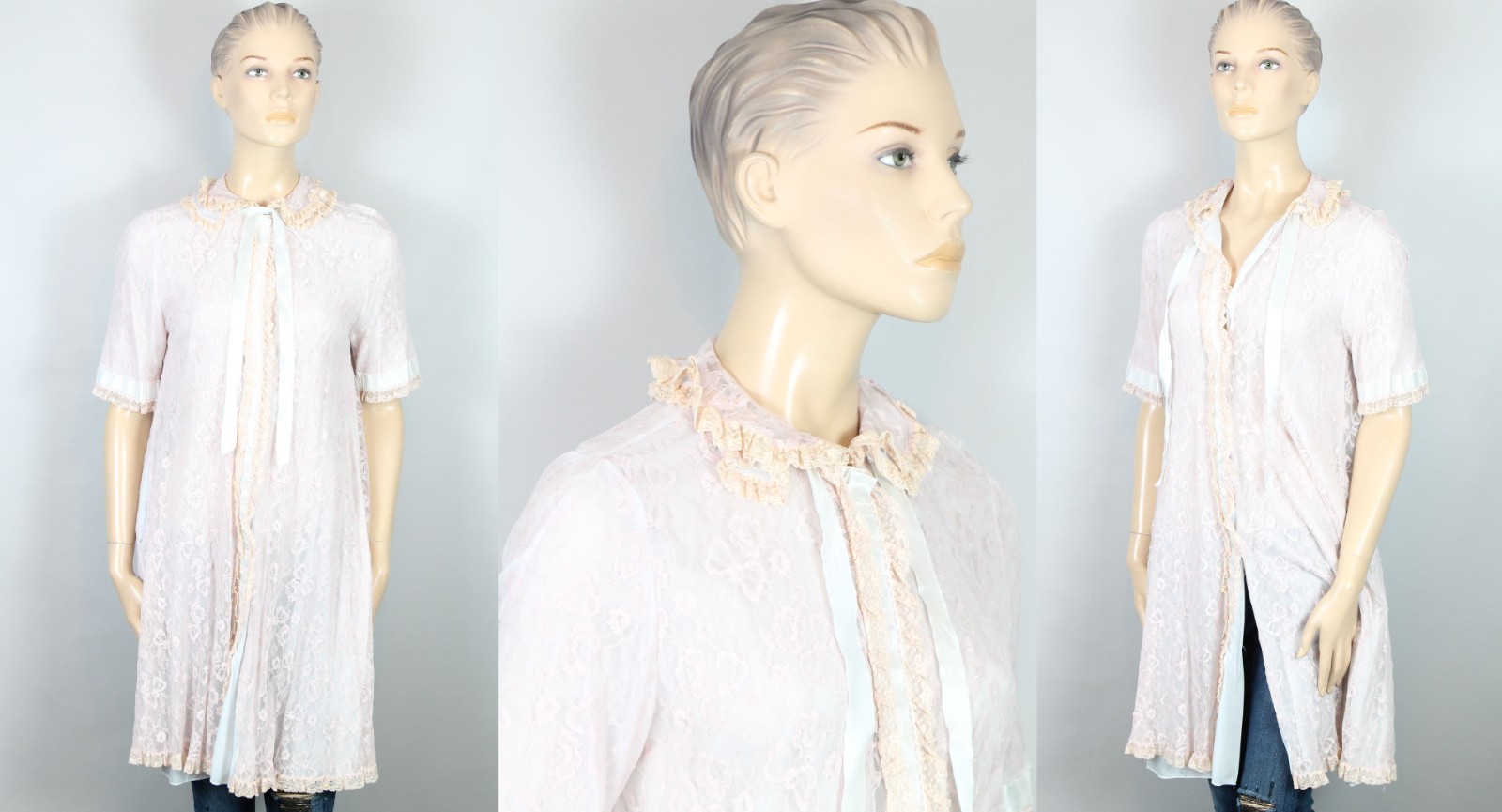 Vtg ODETTE BARSA Blue Pink Ruffles Layered Lace Bed Jacket Dress Robe S