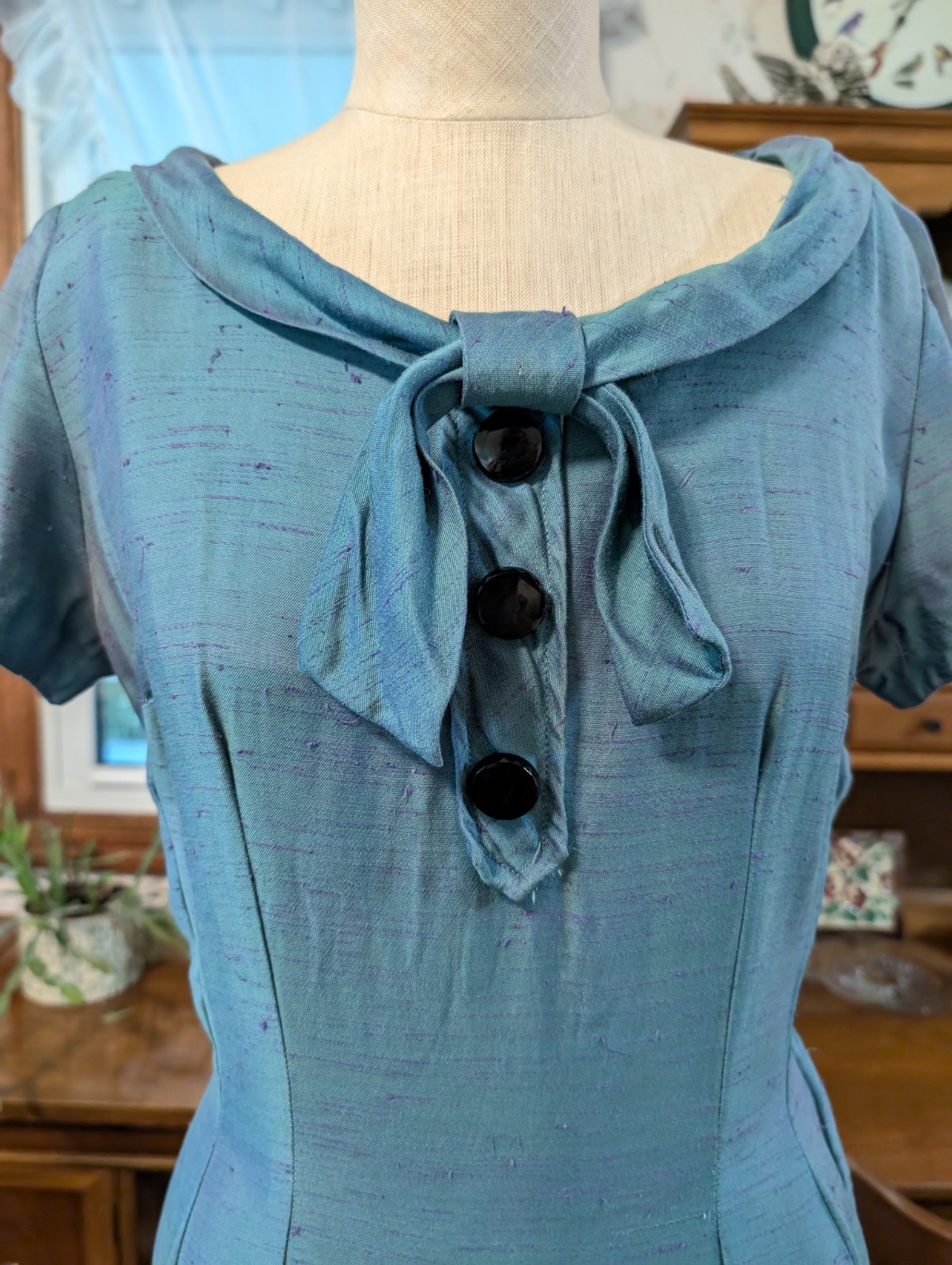 (s/m) EVENING ENIGMA! 1920s Two-Toned Silk Drop Waist Dress TEAL PURPLE Antique