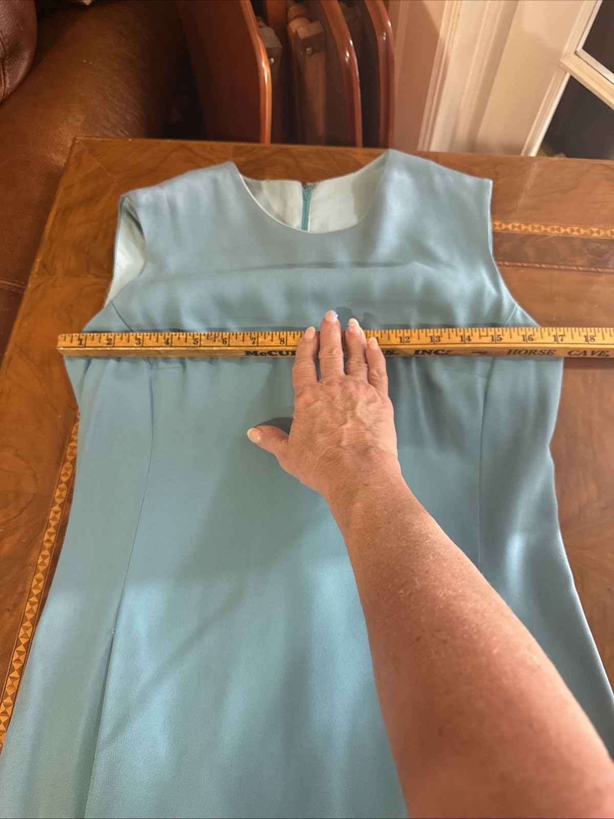 1960’s Vintage Blue Solid Dress Belted Pockets 35x30x37 Nice Condition Stretch