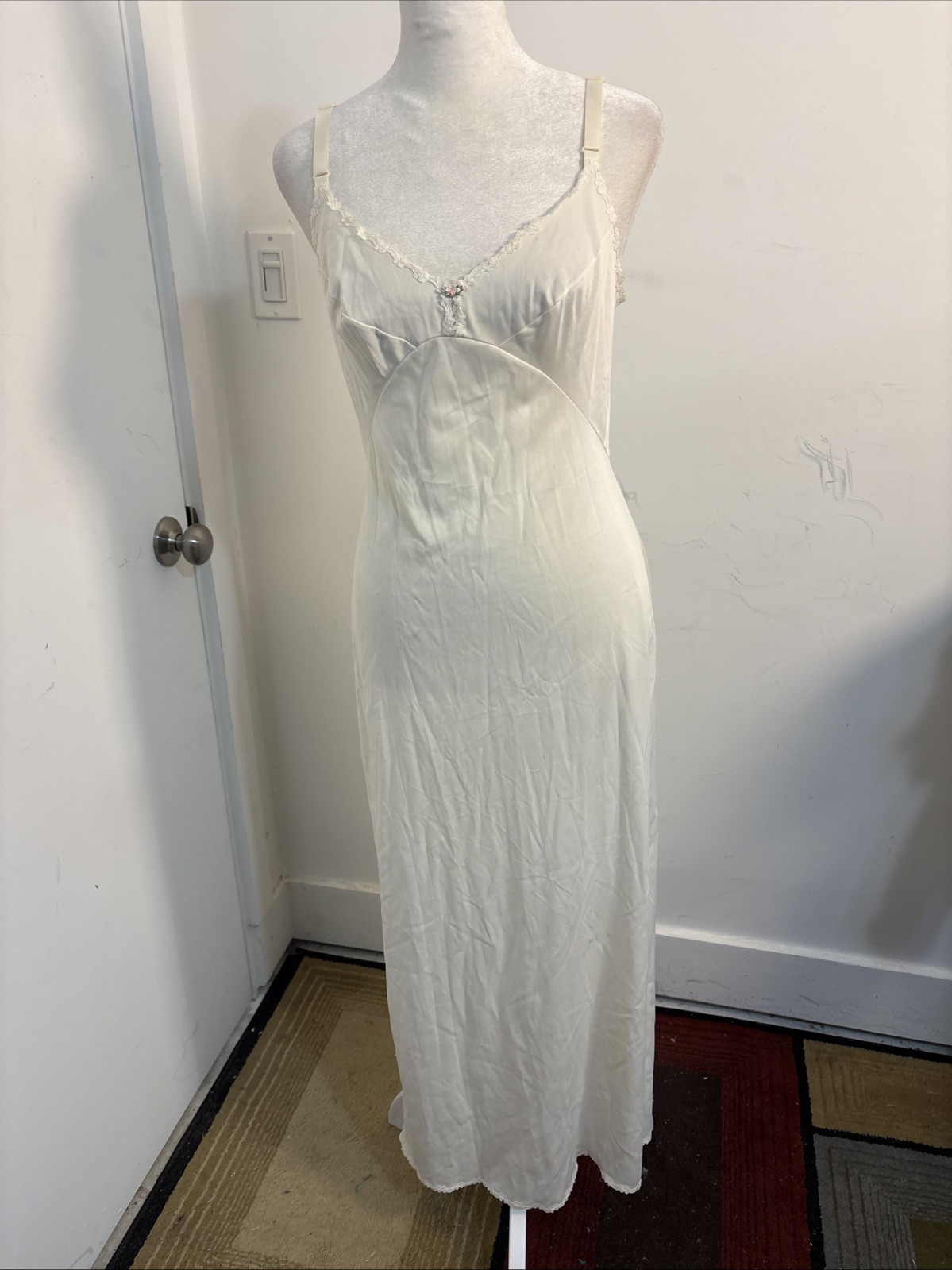 Vintage Ivory Slip Nylon With Lace Trim Flower Accent Adjustable Straps Maxi
