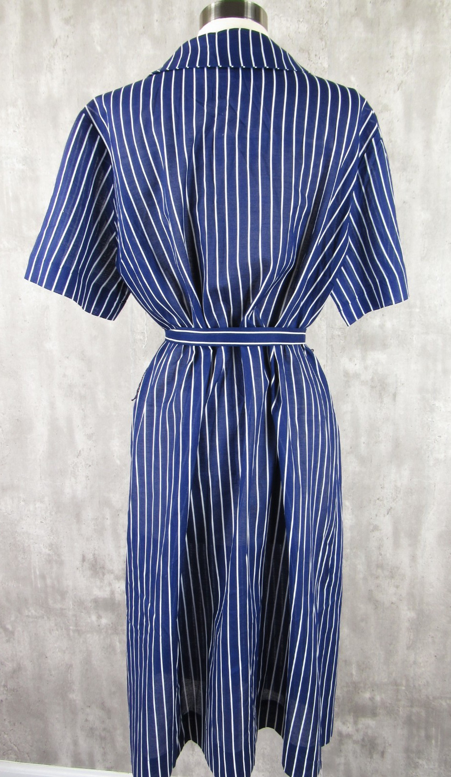 Vintage 40s 50s NEW NOS Blue White Striped Cotton Shirtdress Belted XL Bust 50&Prime;