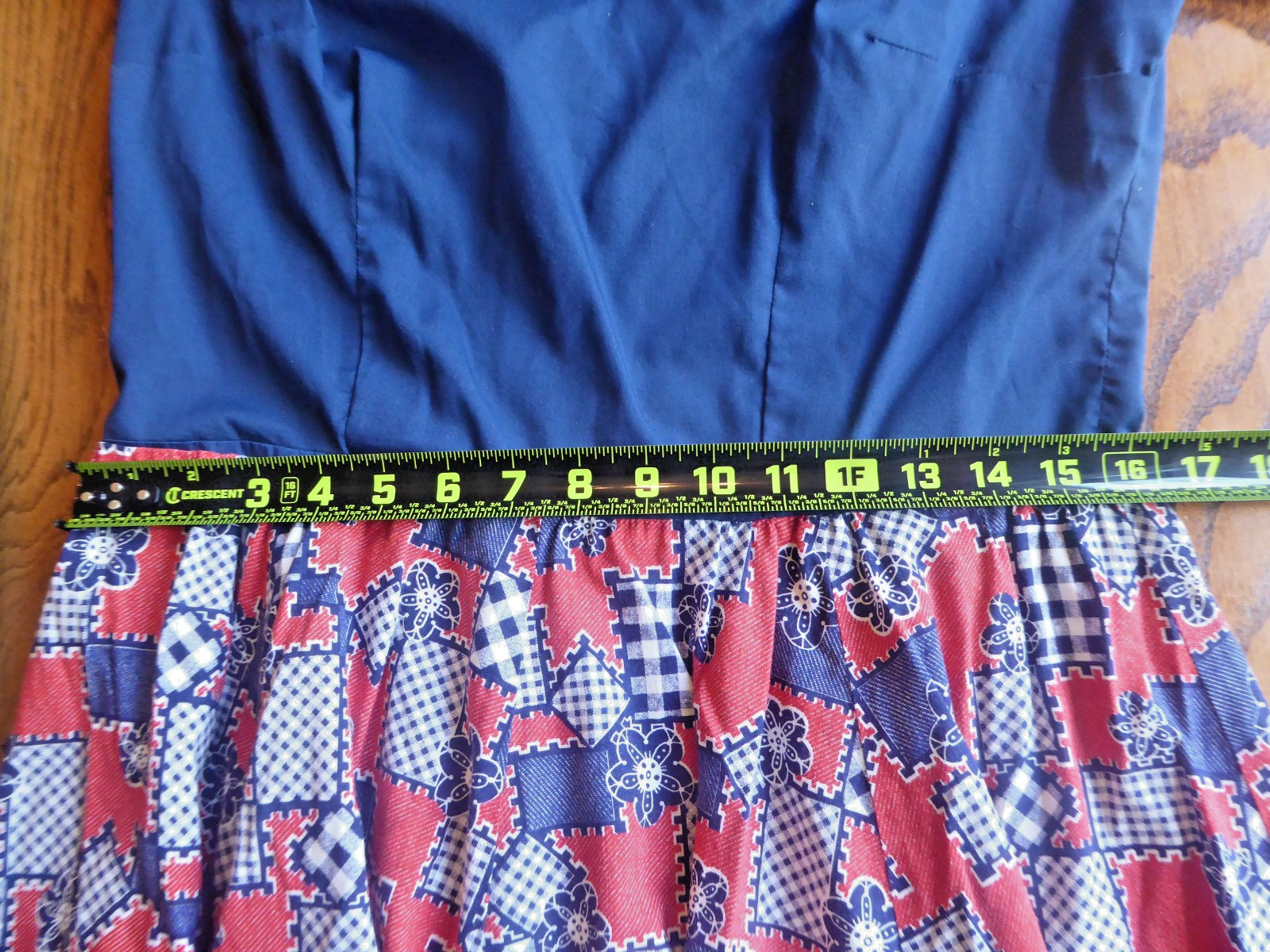 Vtg 70s Patchwork Quilt Print Dress Handmade Tulip Sleeve Patriotic Prairie Med.