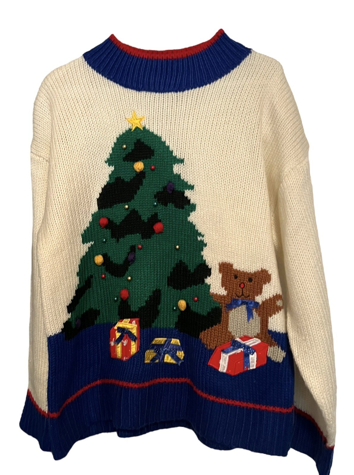Hasting & Smith Vintage Ugly Christmas Tree Sweater Holiday Bear Knit Present L
