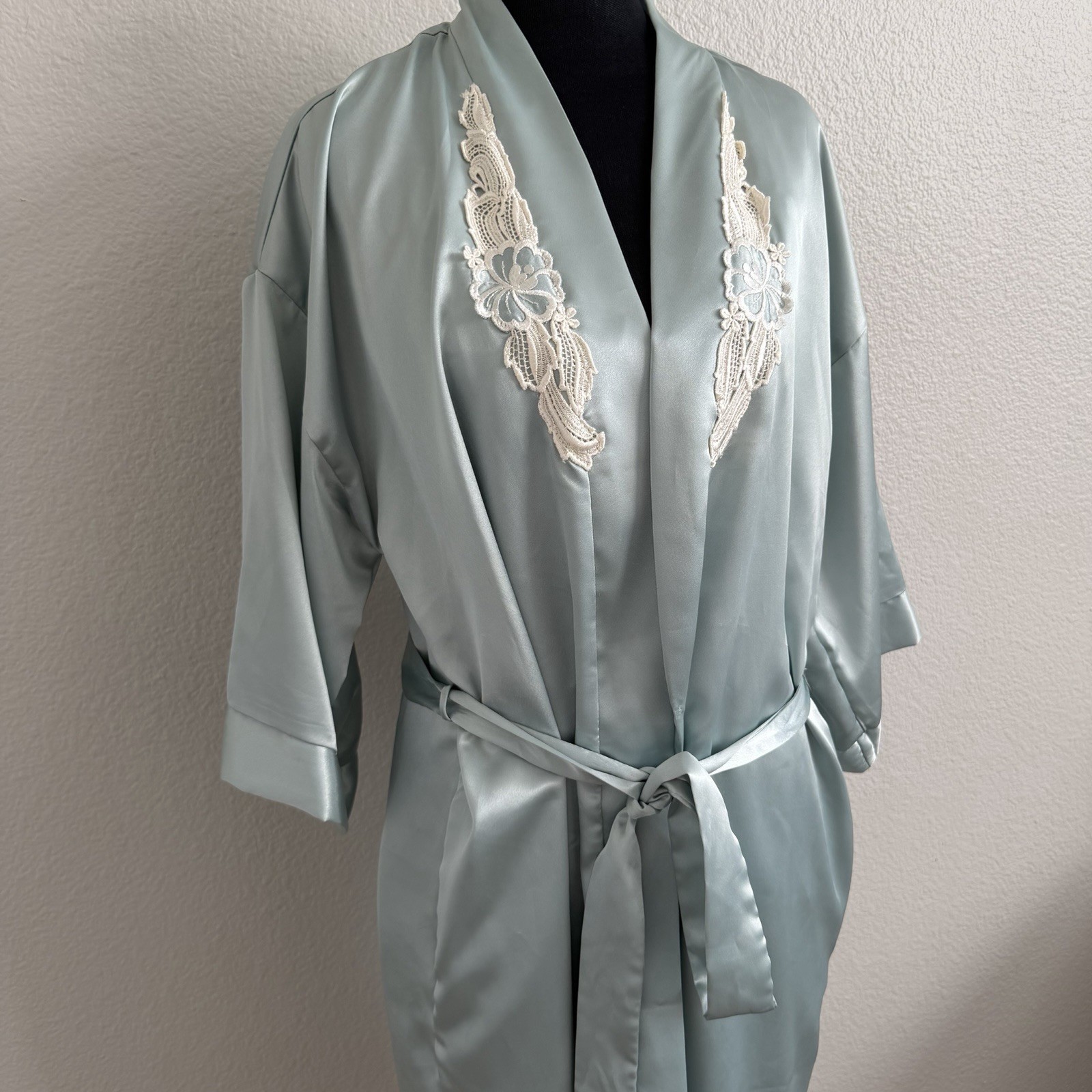 Vintage Small Inner Most Night Gown & Belted Robe Set Satin Sage Green Made USA