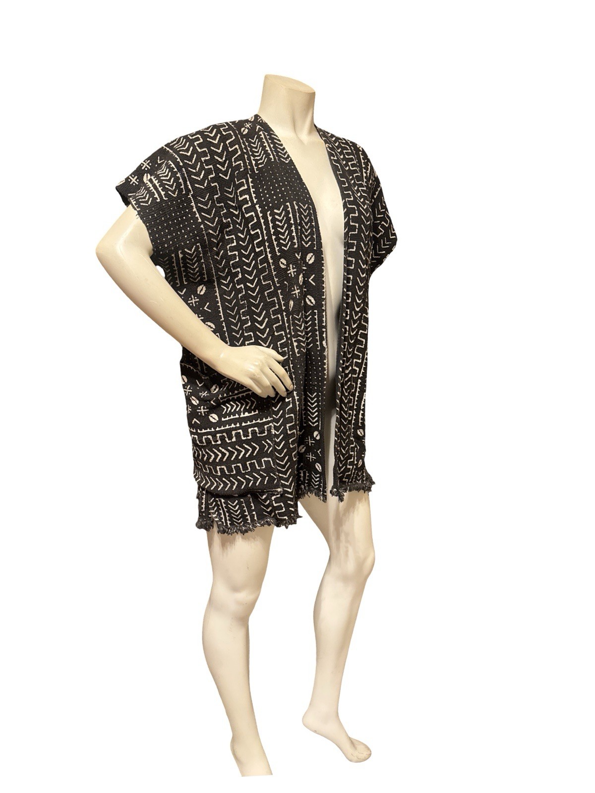 Mud Cloth Vest Kimono Jacket Black & Beige Pockets Sash Unisex Adults Tribal