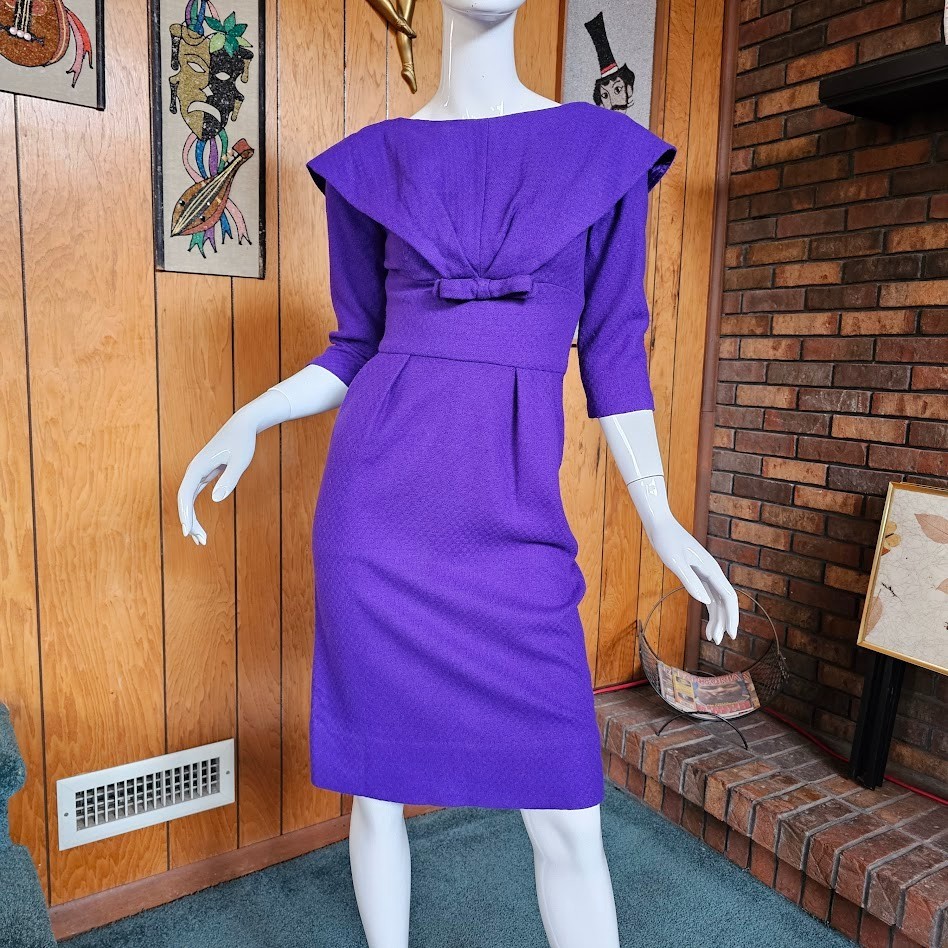 Vtg 50s Rockabilly Violet Purple Wool Wiggle Pencil Cocktail Party Dress XS/S
