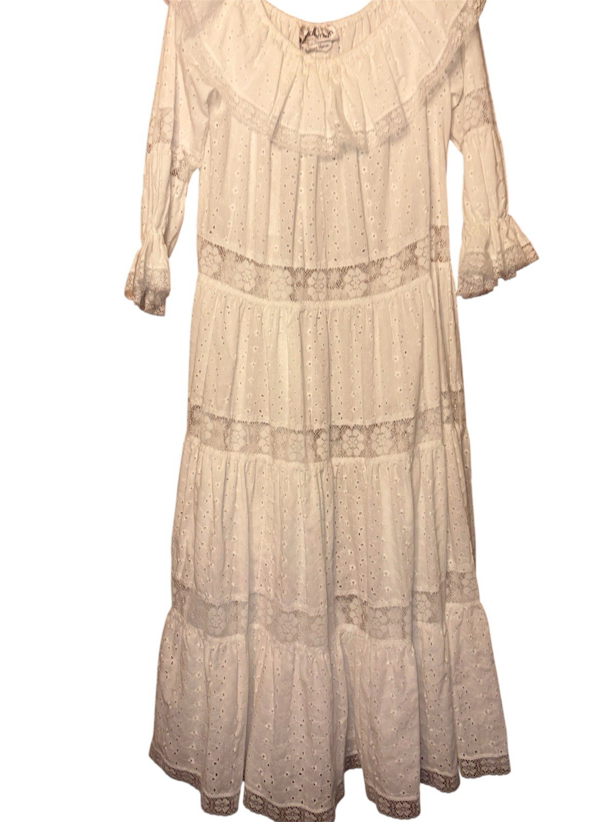 Vtg 70&rsquo;s David Brown CA Prairie Cottagecore Dress Tiered Eyelet L/XL READ Tag S