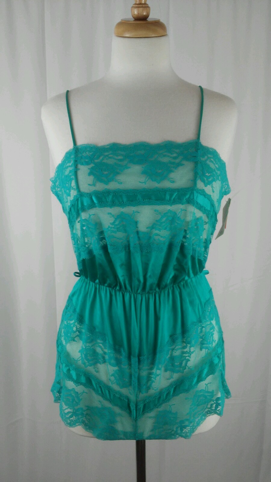 NWT Vtg TEXSHEEN Blue Green Lingerie Lace/Satin Feel Teddy Romper Lace Sz M