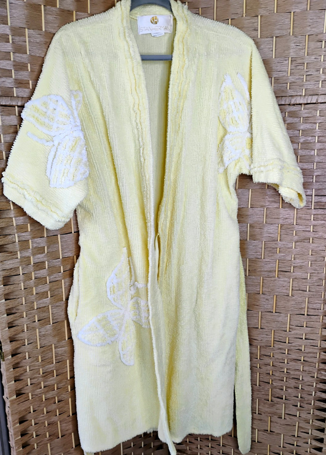 Vintage 70s Stan Herman Yellow Chenille Terry Robe Butterfly Decal Wrap Belt M