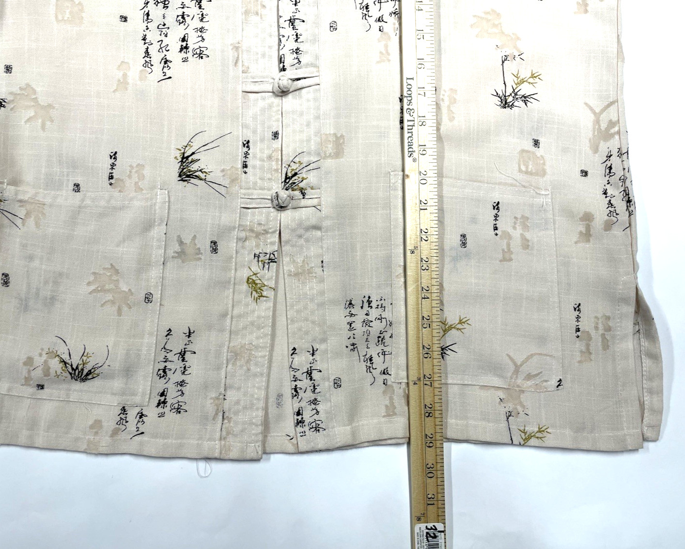 Vintage Mandarin Collar Frog Clasps Burnout Linen Look Oatmeal Boho Artsy L/XL