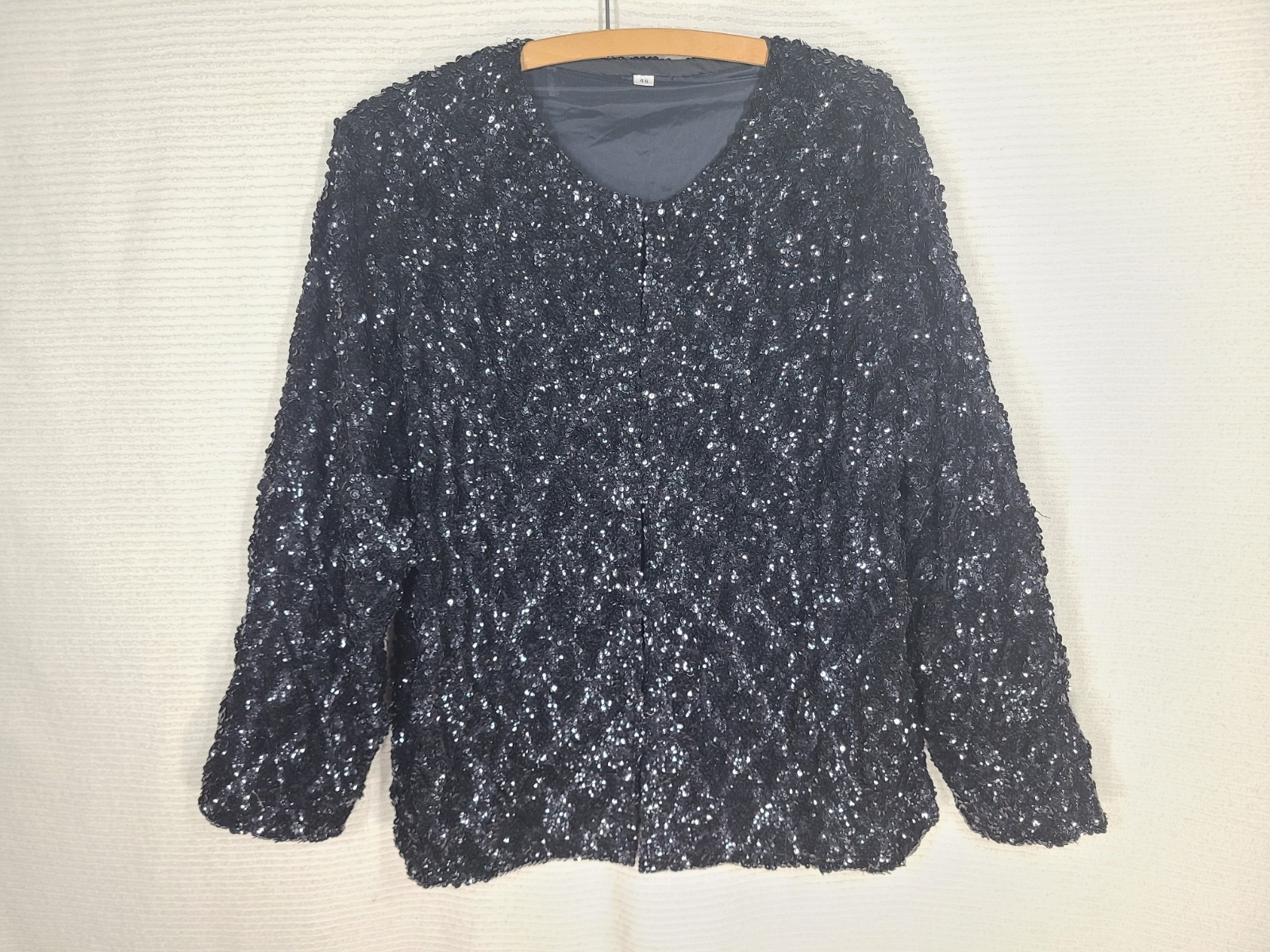 Vintage 1980s Black Sequin Jacket 46&Prime;b XL Minimal Squares Formal Evening Retro